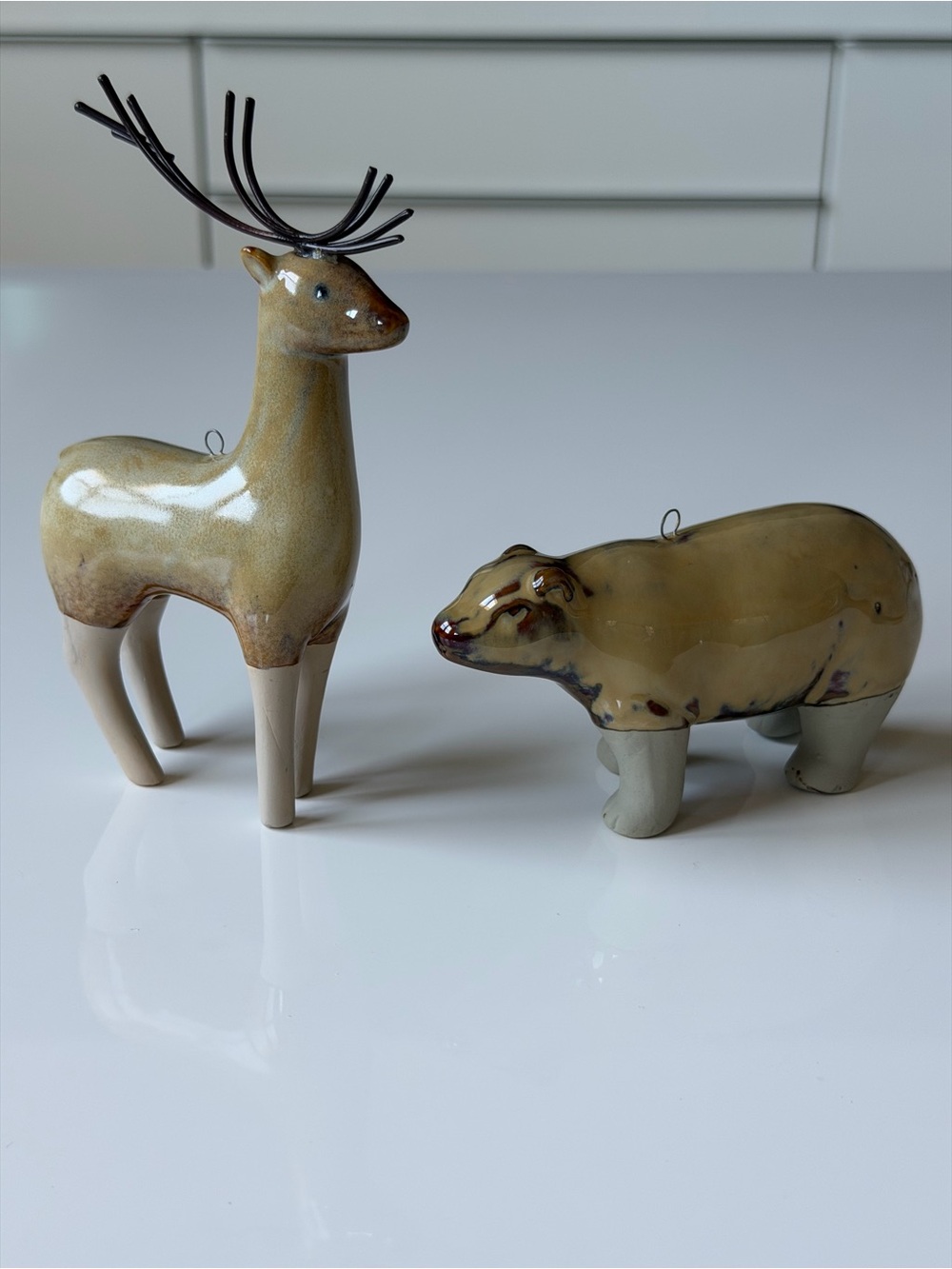 Ceramic Deer and Bear Figurine Set in Glazed Beige Rustic Woodland